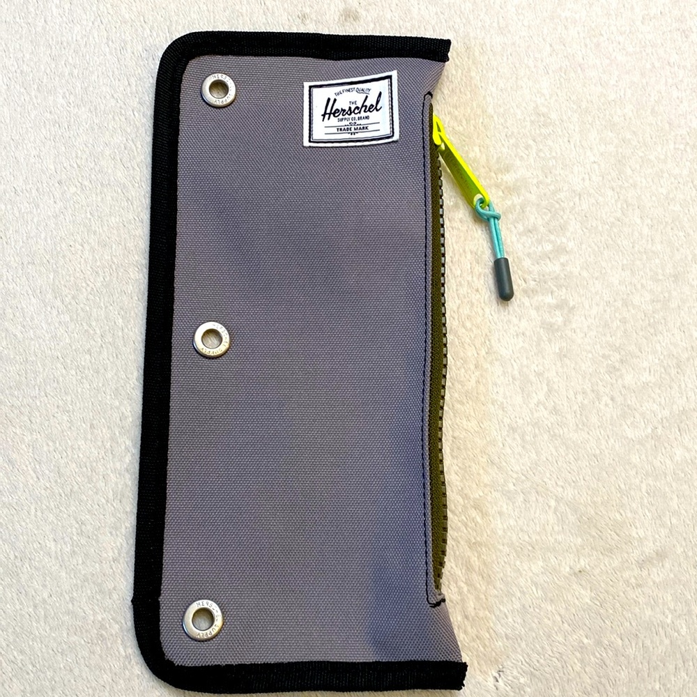 Herschel Supply gray zippered rugged pencil case bright yellow zipper NWOT